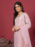 Varanga Women Lavender Shimmer Pure Silk Zari Embroidered Straight Kurta with Trousers and Printed Dupatta