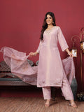 Varanga Women Lavender Shimmer Pure Silk Zari Embroidered Straight Kurta with Trousers and Printed Dupatta