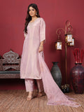 Varanga Women Lavender Shimmer Pure Silk Zari Embroidered Straight Kurta with Trousers and Printed Dupatta