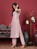 Varanga Women Lavender Shimmer Pure Silk Zari Embroidered Straight Kurta with Trousers and Printed Dupatta