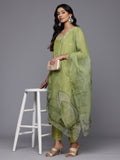 Varanga Women Lime Green Embroidered Straight Kurta with Trousers and Dupatta