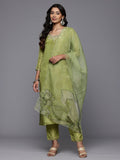 Varanga Women Lime Green Embroidered Straight Kurta with Trousers and Dupatta