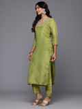 Varanga Women Lime Green Embroidered Straight Kurta with Trousers and Dupatta