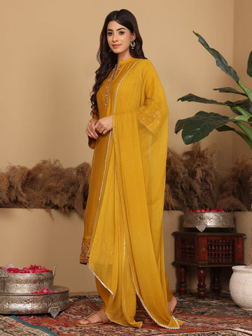 Varanga Women Yellow Silk Mandarin Collar Kurta Set With Dupatta