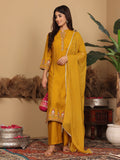 Varanga Women Yellow Silk Mandarin Collar Kurta Set With Dupatta