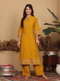 Varanga Women Yellow Silk Mandarin Collar Kurta Set With Dupatta