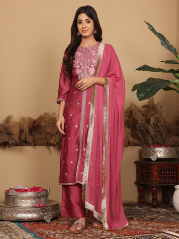 Varanga Women Mauve Silk Thread Embroidered Kurta Set With Dupatta