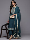 Varanga Women Teal Blue Round Neck Zari Embroidered Straight Kurta with Trousers and Fringed Dupatta