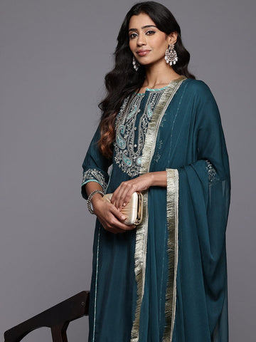 Varanga Women Teal Blue Round Neck Zari Embroidered Straight Kurta with Trousers and Fringed Dupatta