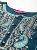 Varanga Women Teal Blue Round Neck Zari Embroidered Straight Kurta with Trousers and Fringed Dupatta