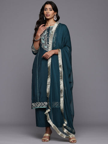 Varanga Women Teal Blue Round Neck Zari Embroidered Straight Kurta with Trousers and Fringed Dupatta