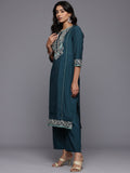 Varanga Women Teal Blue Round Neck Zari Embroidered Straight Kurta with Trousers and Fringed Dupatta