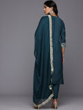 Varanga Women Teal Blue Round Neck Zari Embroidered Straight Kurta with Trousers and Fringed Dupatta