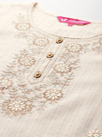 Varanga Women Off White Lurex Striped Zari Embroidered Sequins Embellished Kurta Set with Dupatta