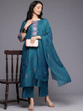 Varanga Women Blue Thread Embroidered Yoke Straight Kurta Paired With Tonal Bottom And Dupatta