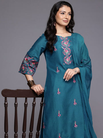 Varanga Women Blue Thread Embroidered Yoke Straight Kurta Paired With Tonal Bottom And Dupatta