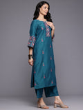 Varanga Women Blue Thread Embroidered Yoke Straight Kurta Paired With Tonal Bottom And Dupatta