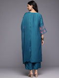 Varanga Women Blue Thread Embroidered Yoke Straight Kurta Paired With Tonal Bottom And Dupatta