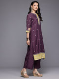 Varanga Women Purple Zari Embroidered Contrast Yoke Kurta with Bottom and Contrast Dupatta