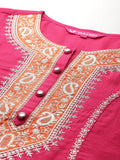 Varanga Women Pink Zari Embroidered Contrast Yoke Kurta With Bottom And Contrast Dupatta