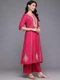 Varanga Women Pink Zari Embroidered Contrast Yoke Kurta With Bottom And Contrast Dupatta