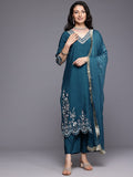 Varanga Women Navy Blue Thread And Zari Embriodered , Scalloped Hem Sleeve , Straight Kurta Set With Dupatta