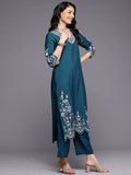 Varanga Women Navy Blue Thread And Zari Embriodered , Scalloped Hem Sleeve , Straight Kurta Set With Dupatta