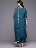 Varanga Women Navy Blue Thread And Zari Embriodered , Scalloped Hem Sleeve , Straight Kurta Set With Dupatta