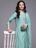 Varanga Women Sea Green Zari Embroidered Kurta Set with Dupatta