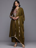 Varanga Women Olive Green Zari Embroidered Anarkali Kurta with Straight Pants and Fringed Dupatta.