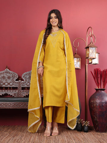 Varanga Women Olive Round Neck Yoke Embroidered Kurta Paired with Tonal Bottom and Organza Dupatta