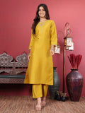 Varanga Women Olive Round Neck Yoke Embroidered Kurta Paired with Tonal Bottom and Organza Dupatta