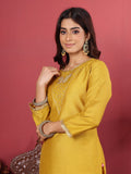 Varanga Women Olive Round Neck Yoke Embroidered Kurta Paired with Tonal Bottom and Organza Dupatta