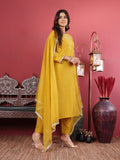 Varanga Women Olive Round Neck Yoke Embroidered Kurta Paired with Tonal Bottom and Organza Dupatta