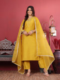 Varanga Women Olive Round Neck Yoke Embroidered Kurta Paired with Tonal Bottom and Organza Dupatta