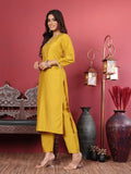 Varanga Women Olive Round Neck Yoke Embroidered Kurta Paired with Tonal Bottom and Organza Dupatta