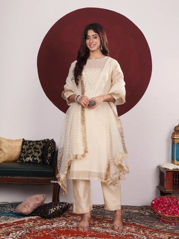 Varanga Women Zari Embroidered And Sequence Embellished With Organza Detailed Kurta With Bottom And Dupatta