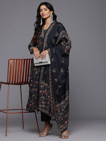 Varanga Women Black Floral Printed Embroidered Kurta Paired with Bottom and Dupatta