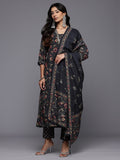 Varanga Women Black Floral Printed Embroidered Kurta Paired with Bottom and Dupatta