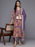 Varanga Women Lavender Floral Printed Embroidered Kurta Paired With Bottom And Dupatta