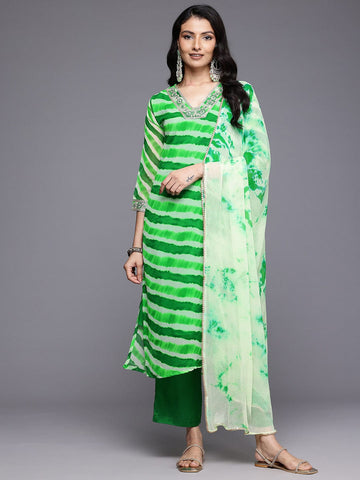 Varanga Women Green Leheriya Zari And Sequins Embroidered Kurta Set With Dupatta