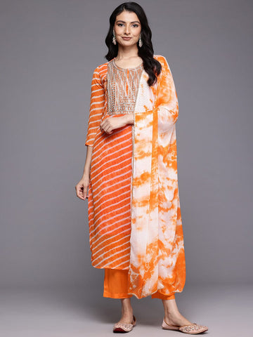 Varanga Women Orange Leheriya Zari Embroidered Kurta Set with Dupatta