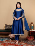 Varanga Women Blue Round Neck Zari Embroidered Sequins Embellished Anarkali Kurta With Tonal Bottom And Dupatta