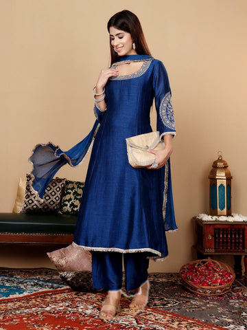 Varanga Women Blue Round Neck Zari Embroidered Sequins Embellished Anarkali Kurta With Tonal Bottom And Dupatta