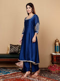 Varanga Women Blue Round Neck Zari Embroidered Sequins Embellished Anarkali Kurta With Tonal Bottom And Dupatta