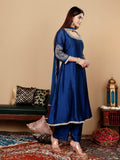 Varanga Women Blue Round Neck Zari Embroidered Sequins Embellished Anarkali Kurta With Tonal Bottom And Dupatta