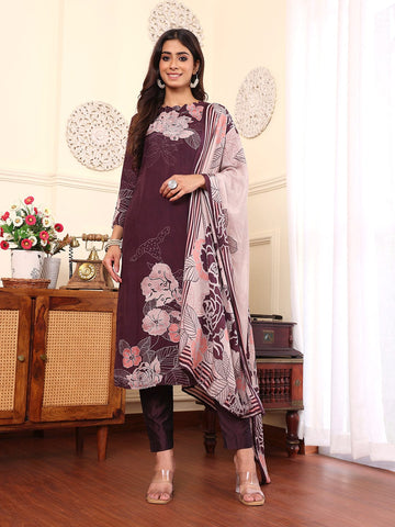 Varanga Women Pure Purple Floral Printed Kurta Set and Dupatta