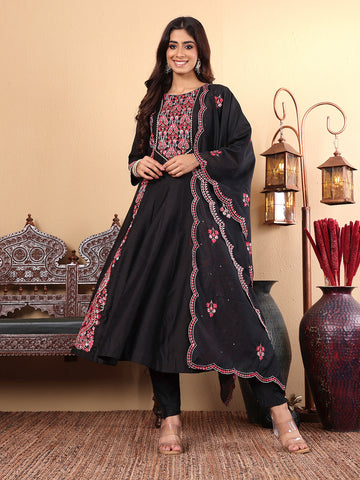 Varanga Women Pure Black Hand Embroidered Kurta Set with Dupatta