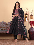 Varanga Women Pure Black Hand Embroidered Kurta Set with Dupatta