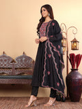 Varanga Women Pure Black Hand Embroidered Kurta Set with Dupatta